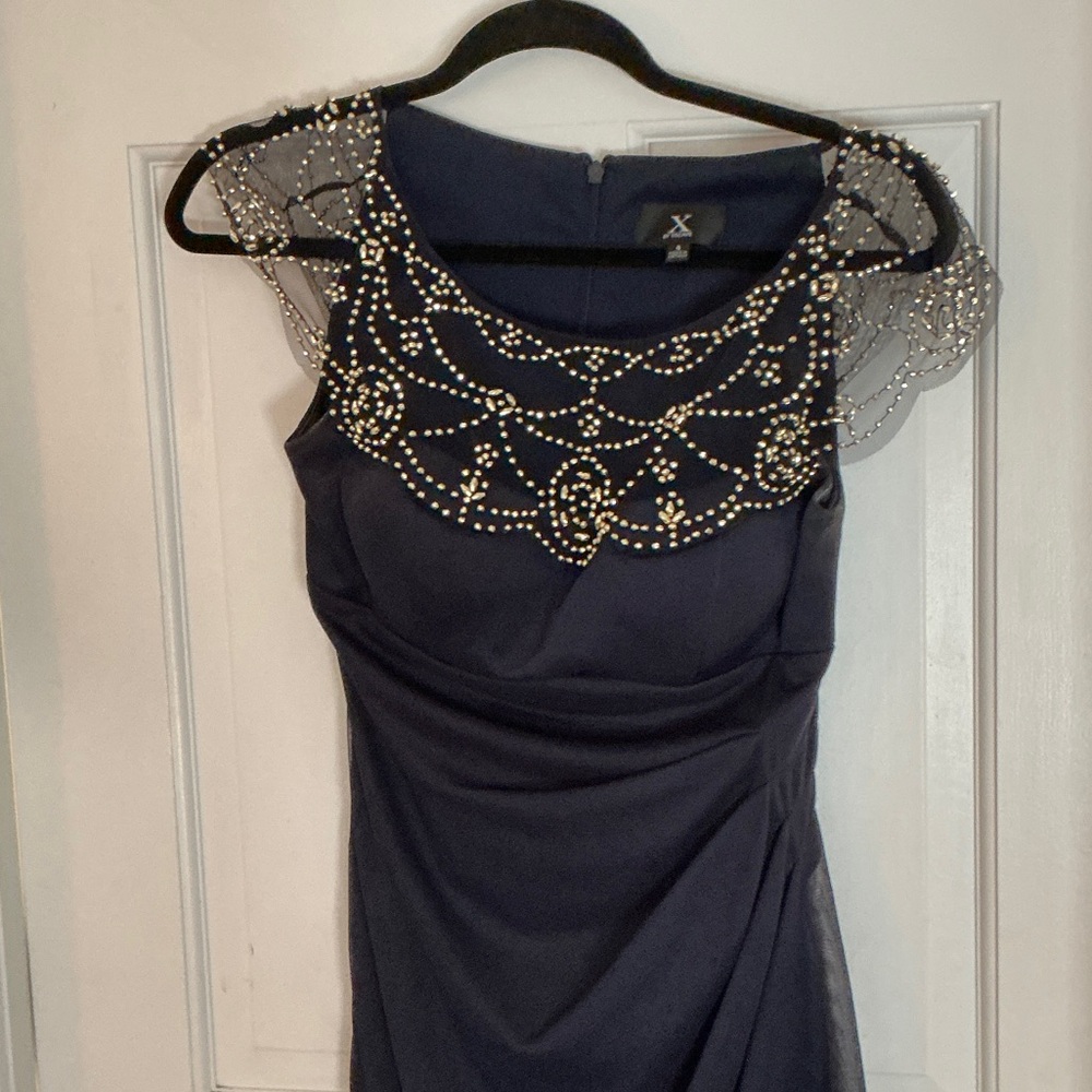 Xscape Navy Dress with Beaded Shoulders